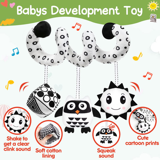 GKDOMS Baby Spiral Hanging Toy — Black & White High-Contrast Plush for Stroller & Car Seat