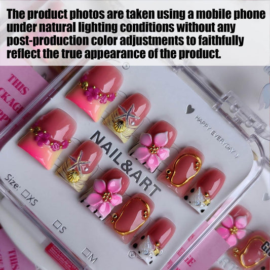 Gleamrain Handmade Acrylic Press-On Nails – Short Duck Shape with Flower & Shell Design, French Tip, 10pcs, Size M (Pattern 1107)