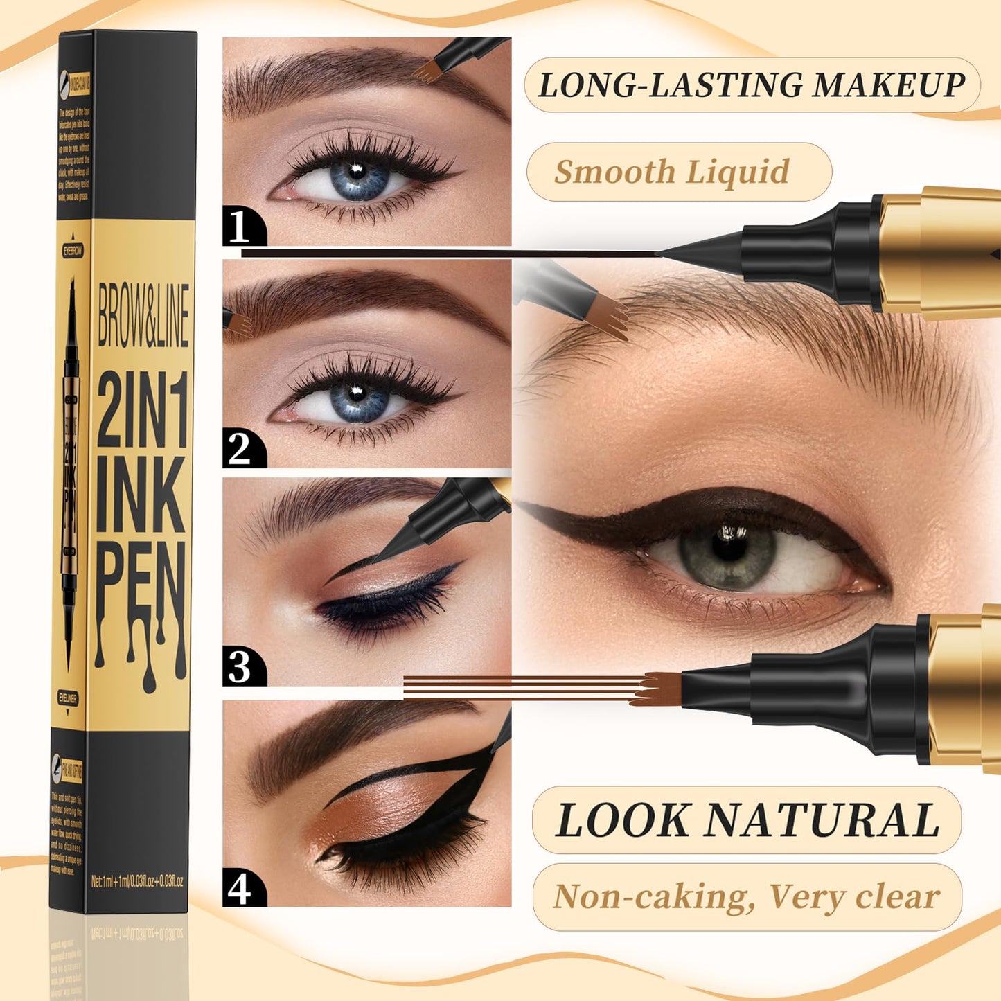 GOALSEN 3D Four-Tip Eyebrow Pen & Eyeliner Duo – Waterproof, Long-Lasting, Dark Brown & Black