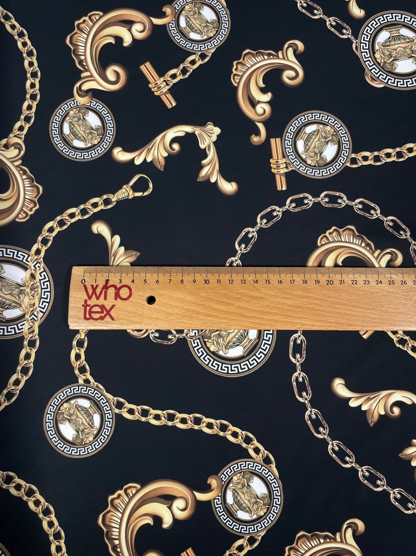 Gold Chain & Medallion Crepe Fabric by the Metre – Luxury
