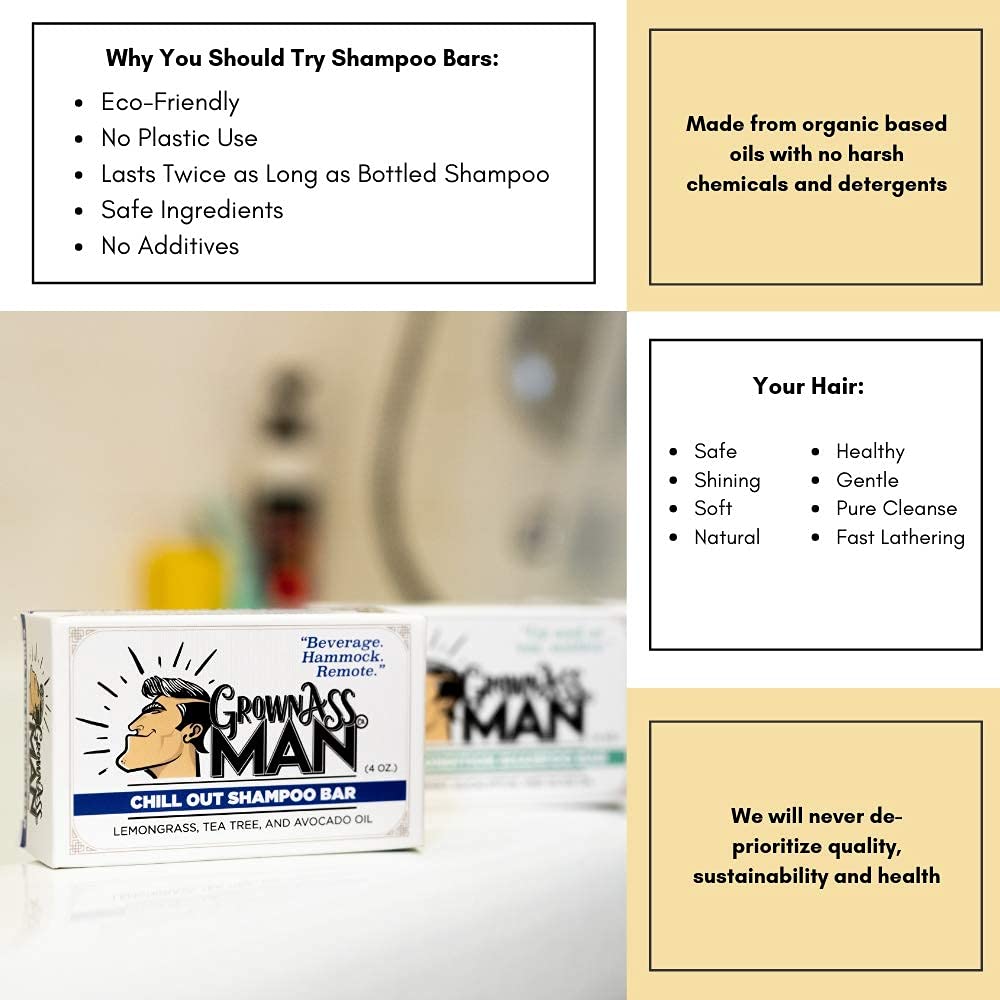 Grown Ass Man Co. Solid Shampoo Bar 3 in 1 | Hair, Beard & Body Wash • Mint Condition 4oz Bar (3-Pack) • Plastic-Free