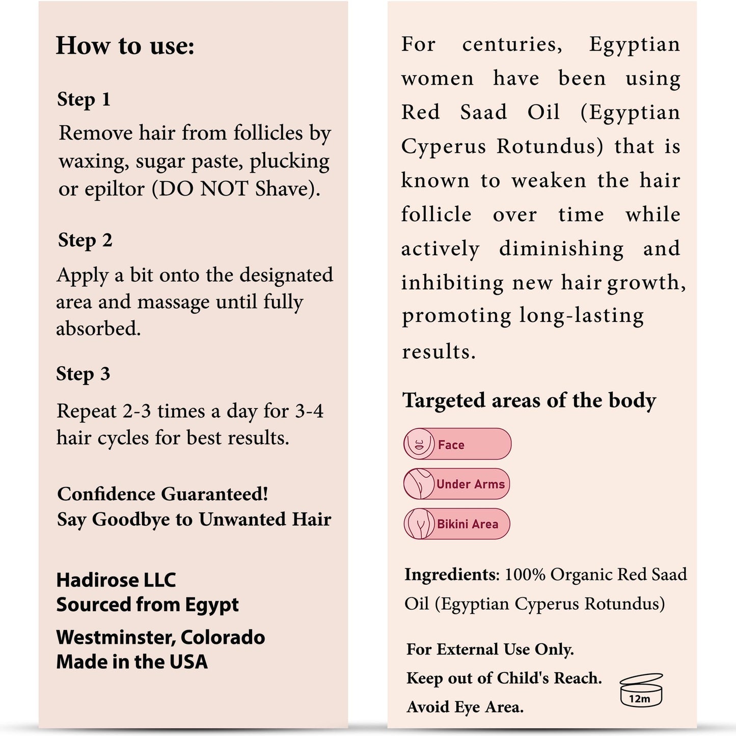 Hadirose 100% Egyptian Cyperus Rotundus Red Saad Oil – All Natural Hair Removal Oil | Made in USA