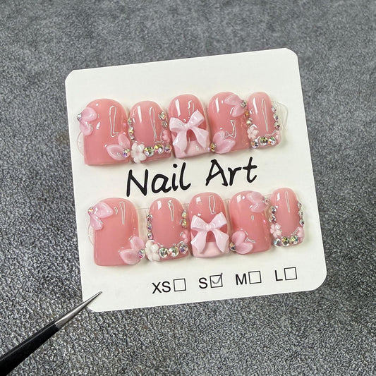 10 Pcs Handmade Press-On Nails — Short Square with 3D Bow & Rhinestones, Pink French Tip