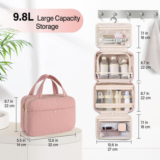 Hanke Hanging Travel Toiletry Bag for Women with Jewelry Organizer – 9.8L, Water-Resistant, Pink