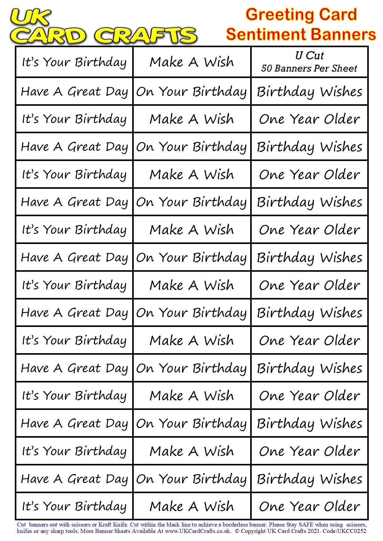 5 x A4 Sheets β 250 General Birthday Sentiment Banners β U Cut by UK Card Crafts