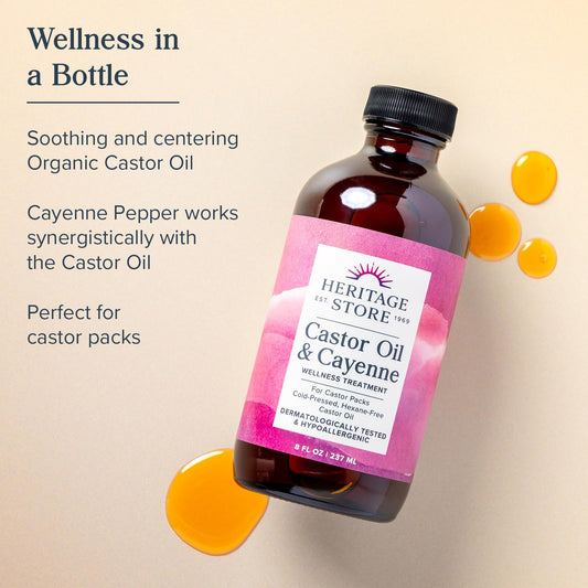 HERITAGE STORE Castor Oil & Cayenne Pack Wrap – Organic Cold-Pressed Castor Oil, Heat Compress, 8oz