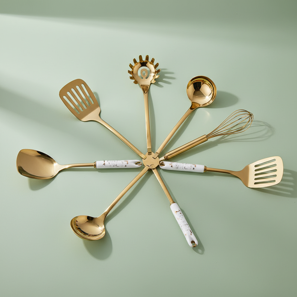 7-Piece Stainless Steel Spatula & Spoon Set with Heat-Resistant Ceramic Handles