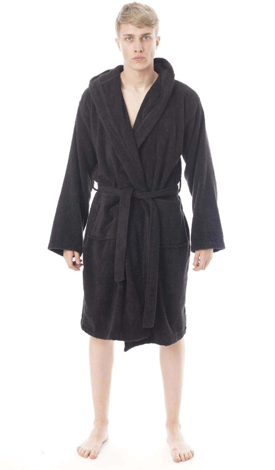 Hooded Mens Bathrobe Super Soft Terry Towelling Ultra Absorbing Flannel Black Navy Charcoal Long Pile Ideal for Shower Spa Home Gym Hotel by Daisy Dreamer