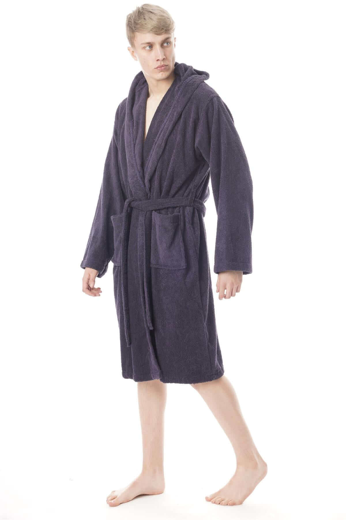 Hooded Mens Bathrobe Super Soft Terry Towelling Ultra Absorbing Flannel Black Navy Charcoal Long Pile Ideal for Shower Spa Home Gym Hotel by Daisy Dreamer