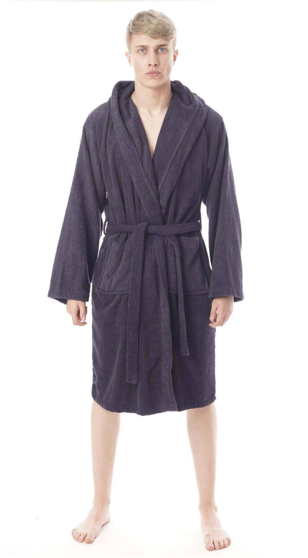 Hooded Mens Bathrobe Super Soft Terry Towelling Ultra Absorbing Flannel Black Navy Charcoal Long Pile Ideal for Shower Spa Home Gym Hotel by Daisy Dreamer