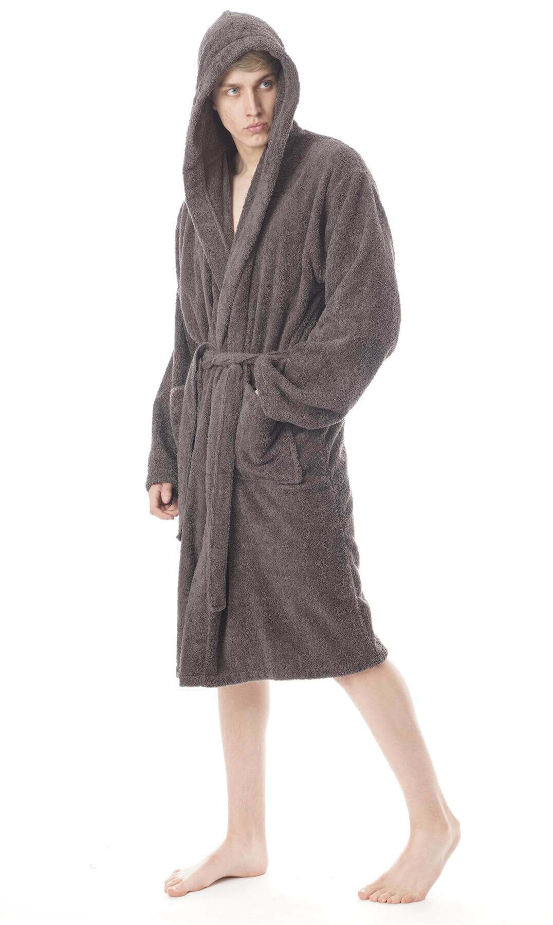Hooded Mens Bathrobe Super Soft Terry Towelling Ultra Absorbing Flannel Black Navy Charcoal Long Pile Ideal for Shower Spa Home Gym Hotel by Daisy Dreamer