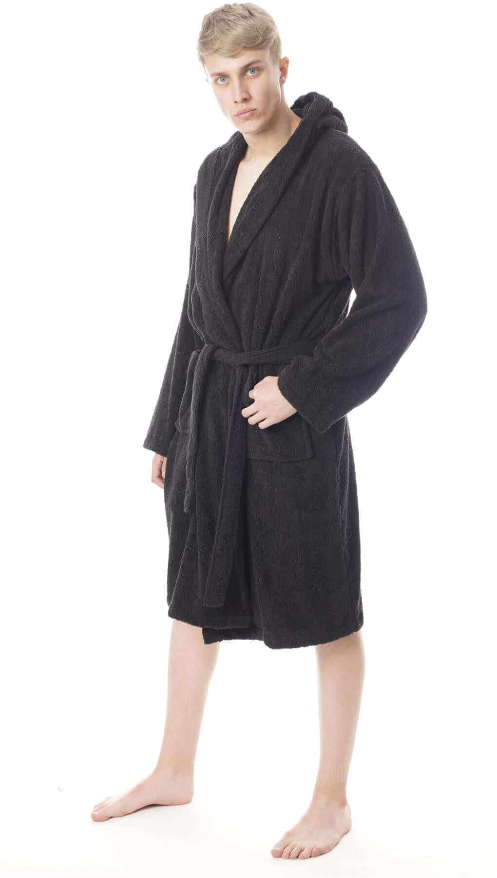 Hooded Mens Bathrobe Super Soft Terry Towelling Ultra Absorbing Flannel Black Navy Charcoal Long Pile Ideal for Shower Spa Home Gym Hotel by Daisy Dreamer