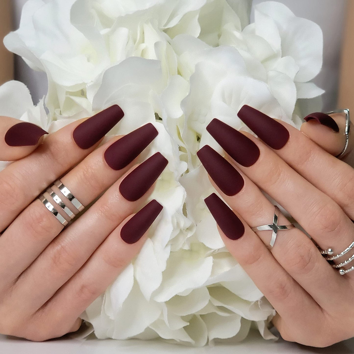 Hypnaughty 24 Pcs Maroon Xtreme Matte Coffin Press-On Nails with Glue – Medium Long Full Cover