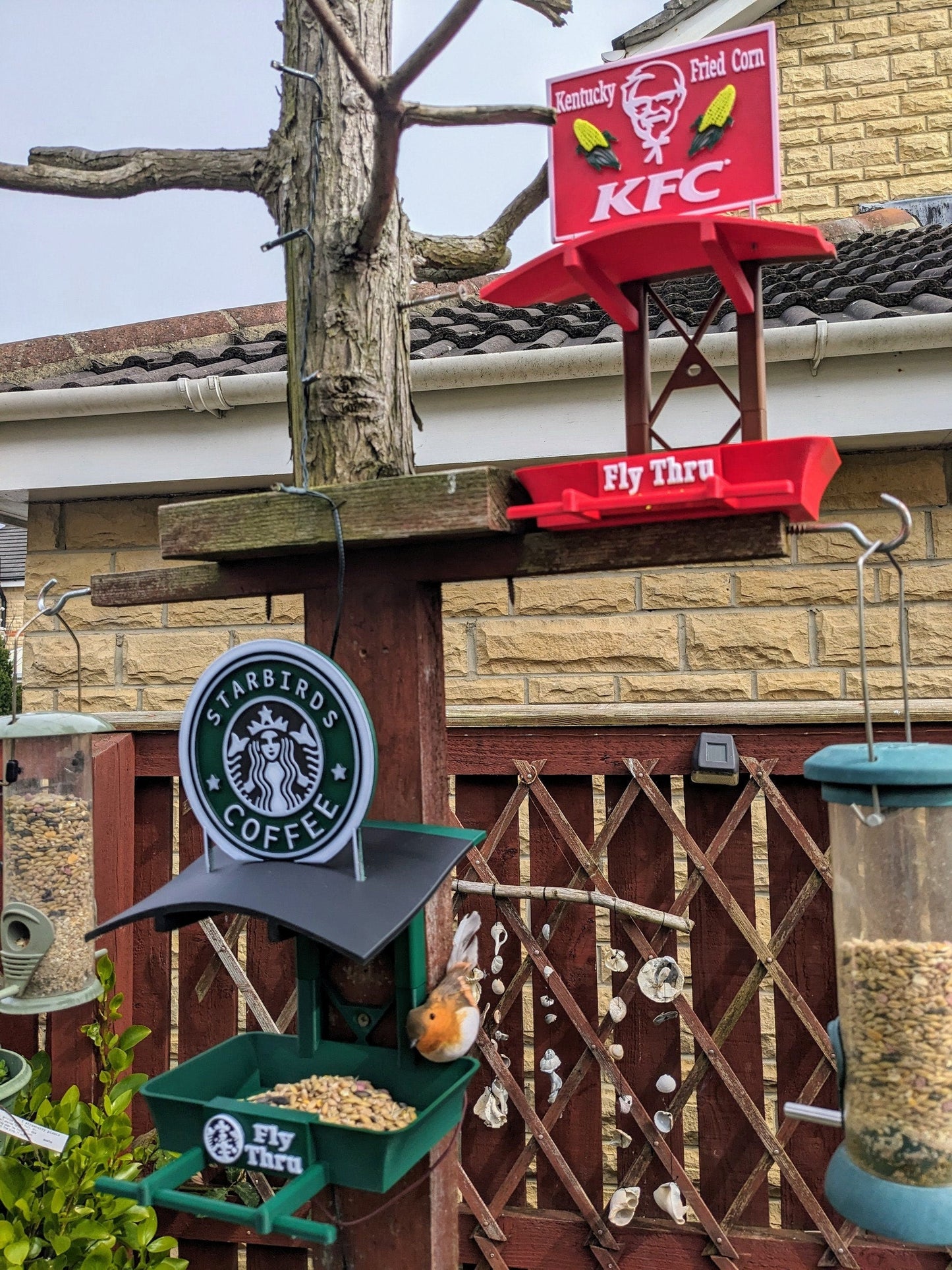 Crowsta coffee Bird Feeding Station - Garden bird seed feeder - quirky outdoor Decor - Wild Bird Food table - sparrow blue tit blackbird