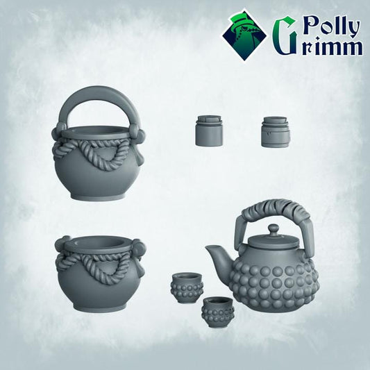 Teapot, cup, bottles, pots - Scatter Terrain - Fantasy historic miniatures for tabletop games. 28mm / 32mm Resin Figures for RPG