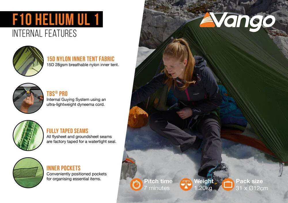 Vango F10 Helium UL 1 Lightweight Tent - Alpine Green