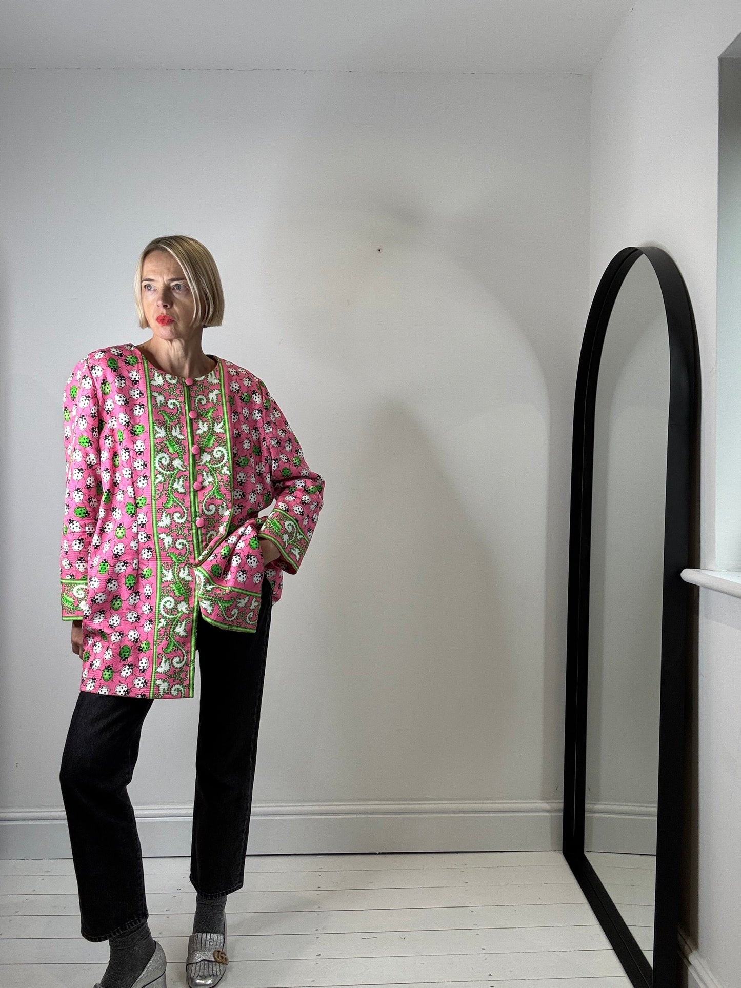 Unique lady bug collarless jacket