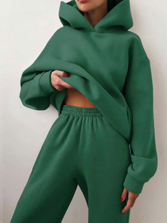 Women's solid color casual fashion trousers thickened long-sleeved hooded set
