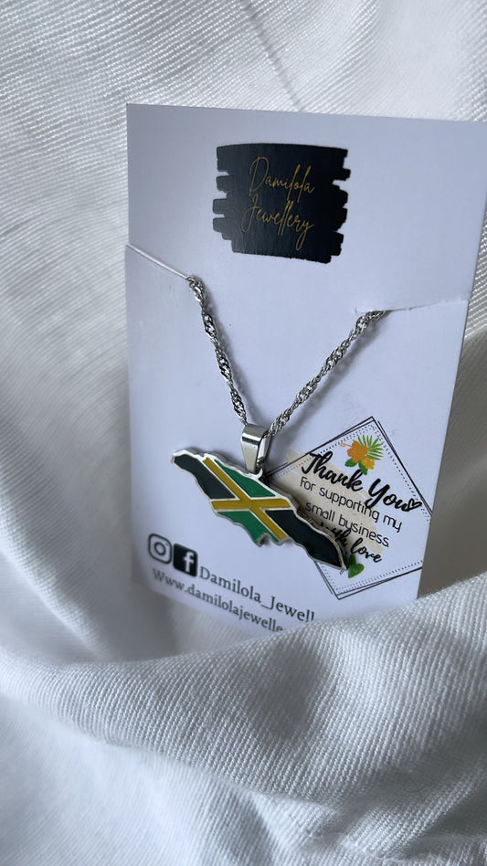 Jamaica Flag Map Necklace - Gold/Silver - Out Of Many One People'