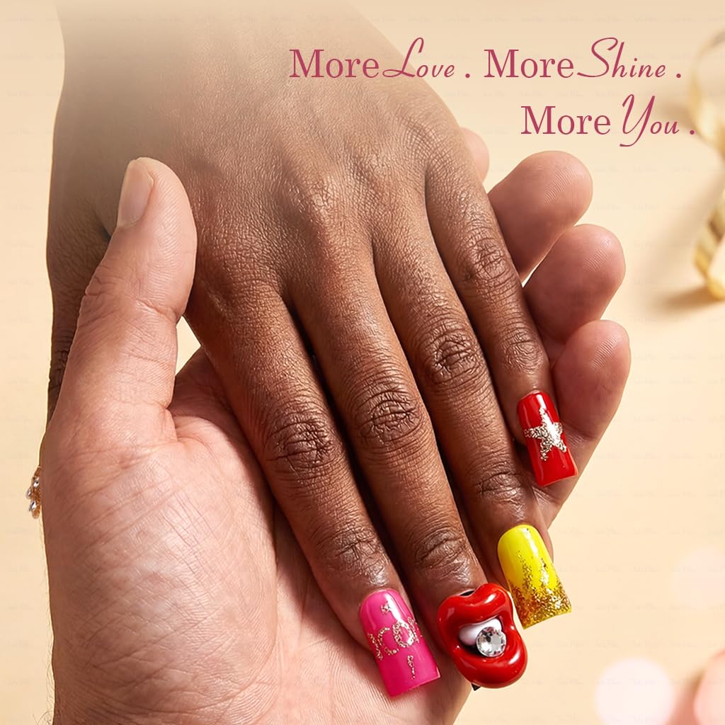 IntoVibes 10-Piece Luxury Acrylic Press On Nails – Short Duck Shape, Pink, Rhinestones, Reusable