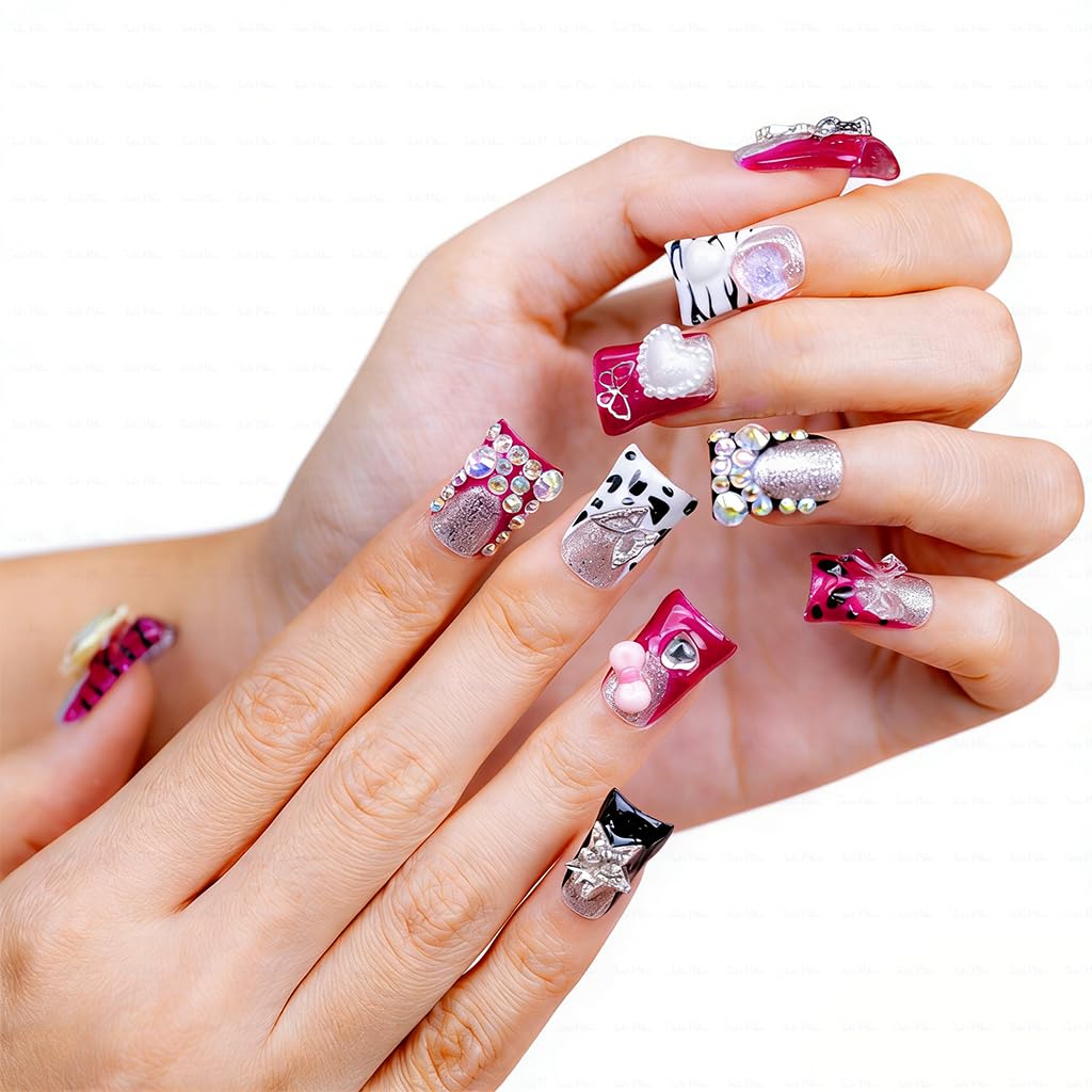 IntoVibes 10-Piece Luxury Acrylic Press-On Nails – Short Duck Shape, Pink French Tips, Reusable 3D Hearts, Butterflies & Stars (M)