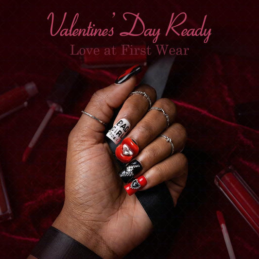IntoVibes 10 Pcs Luxury Acrylic Press On Nails – Short Duck Shape, Red & Black Flames, Glitter Lips, Reusable Valentines Day Nails