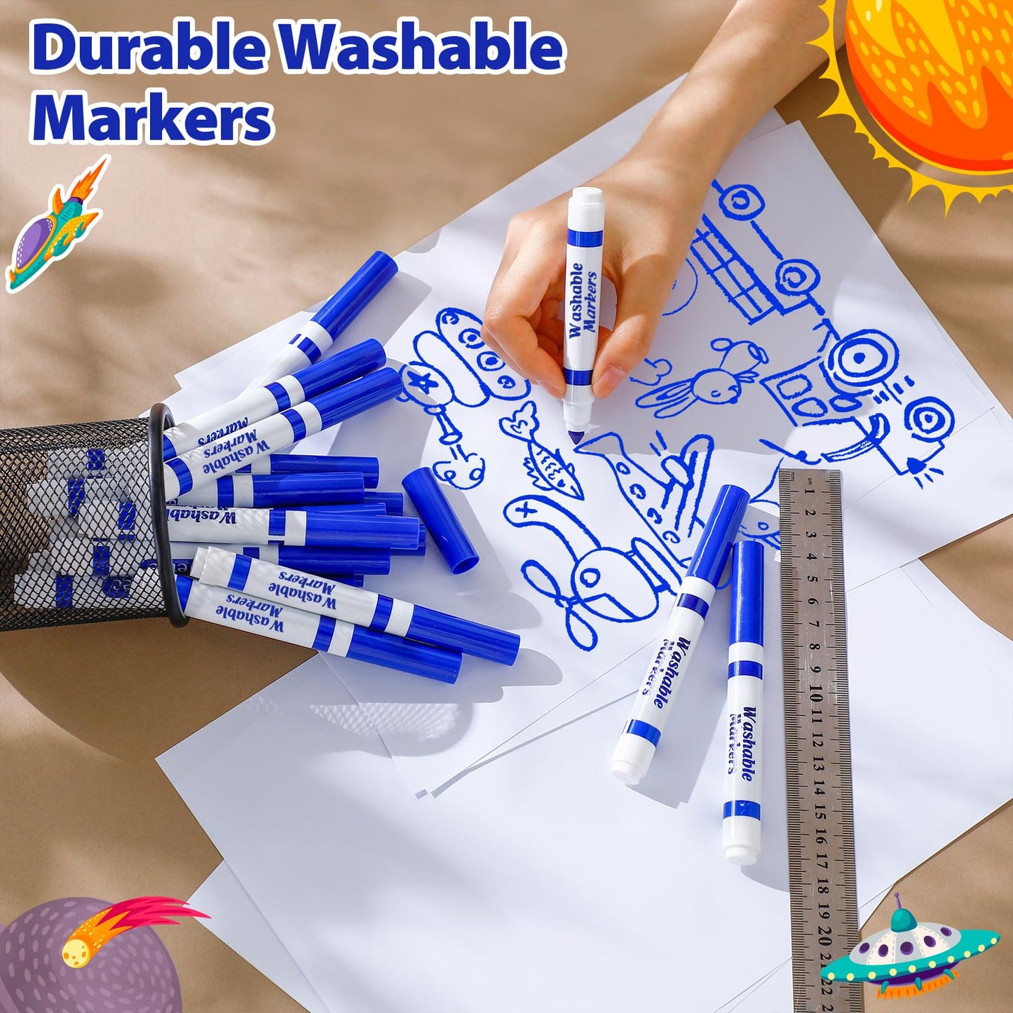 Janlaugh 24 Pcs Washable Markers Bulk Blue Broad Line Conical Tip