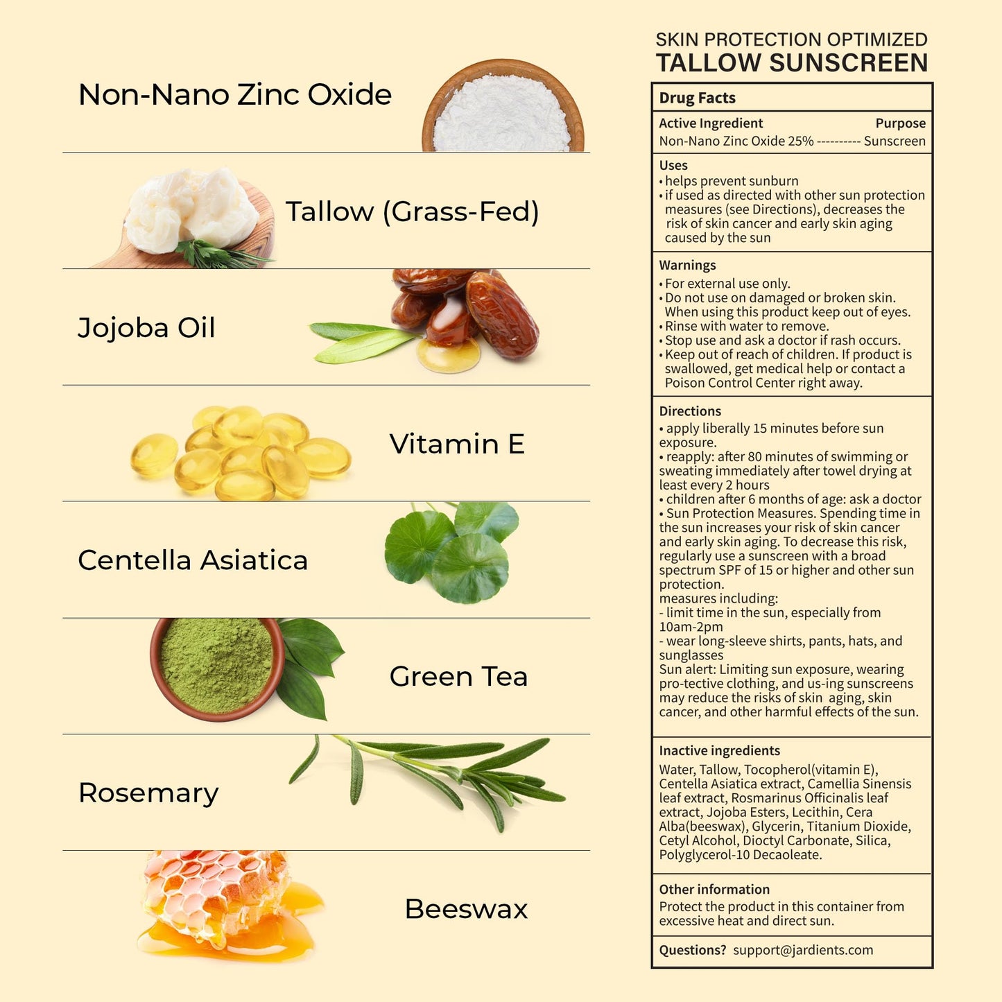 Jardient Beef Tallow Sunscreen SPF 50+ | Mineral, Non-Greasy, Non-Nano Zinc Oxide – 3 oz (85 g)