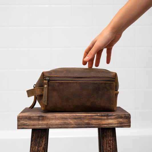 KomalC Travel Toiletry Bag - Premium Buffalo Leather Dopp Kit with Water-Resistant Lining