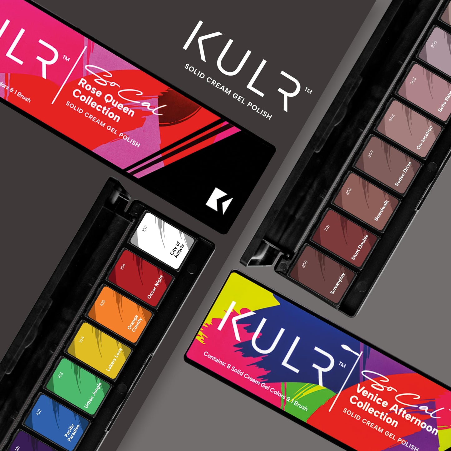 KUPA KULR Solid Cream Gel Nail Polish – LA Confidential Collection, 8 Bold Colors + 1 Brush