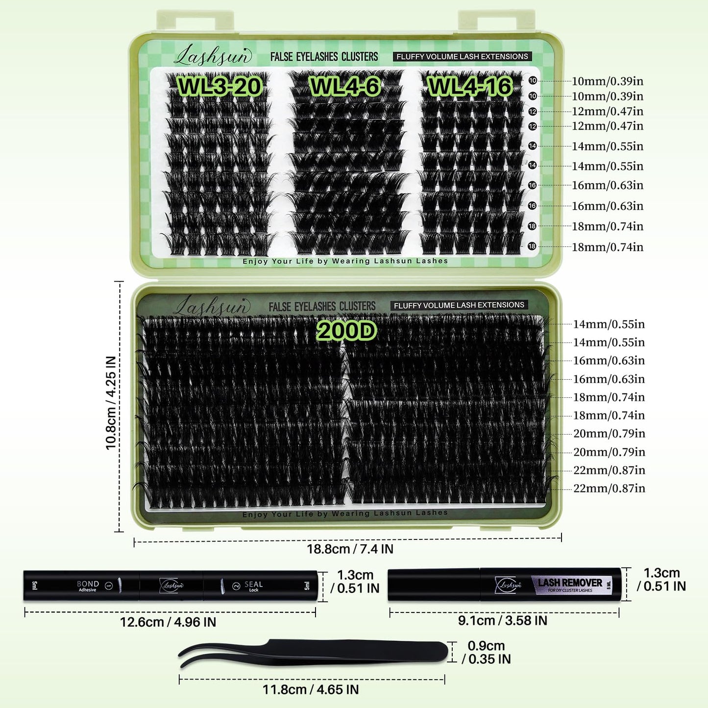 LASHSUN WL+200D Lash Clusters Kit – DIY Lash Extensions with Bond & Seal, Remover & Tweezers