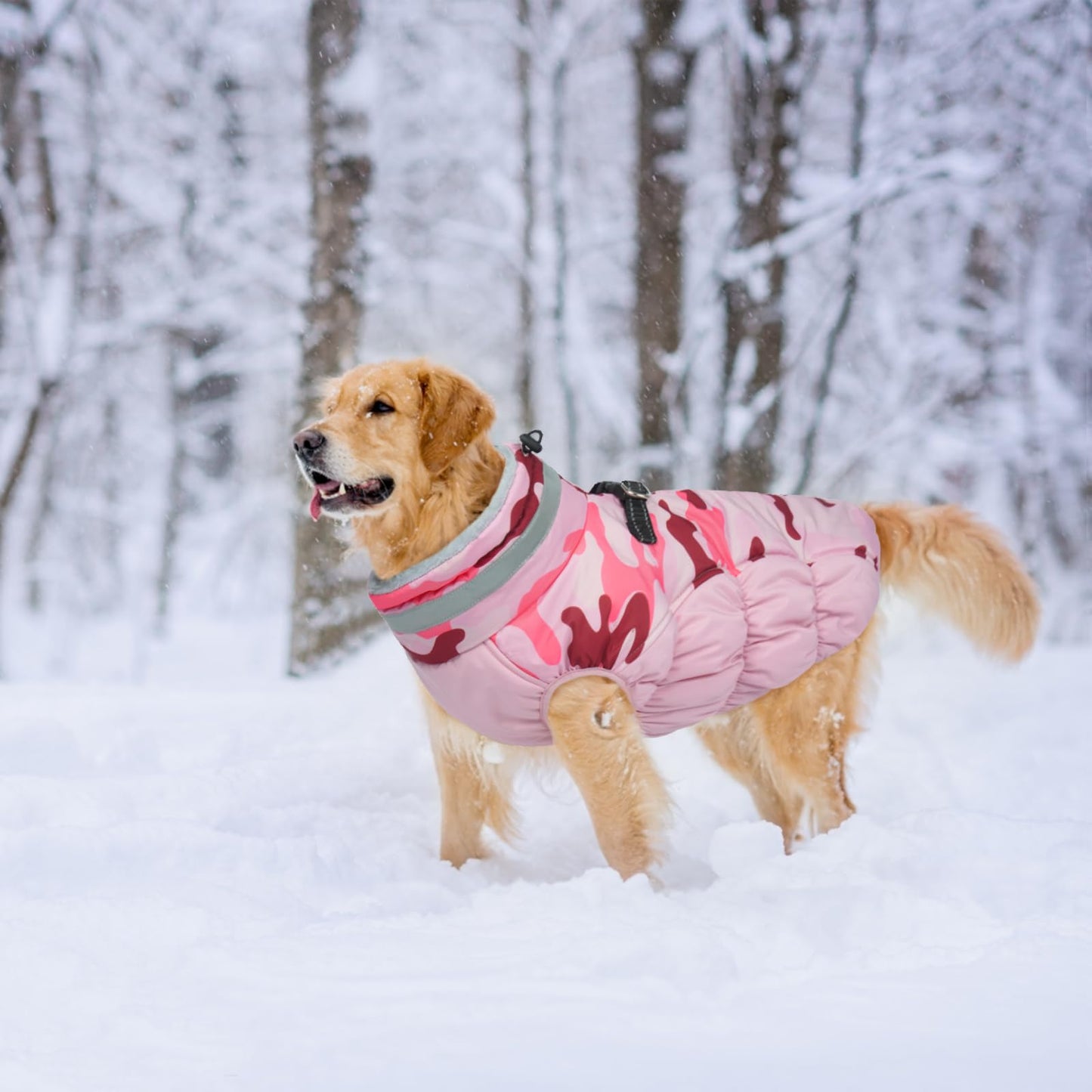 LeLePet Warm Dog Winter Coat for Large Dogs — Waterproof, Harness Built-In, Reflective, Windproof, Pink Camo XXL