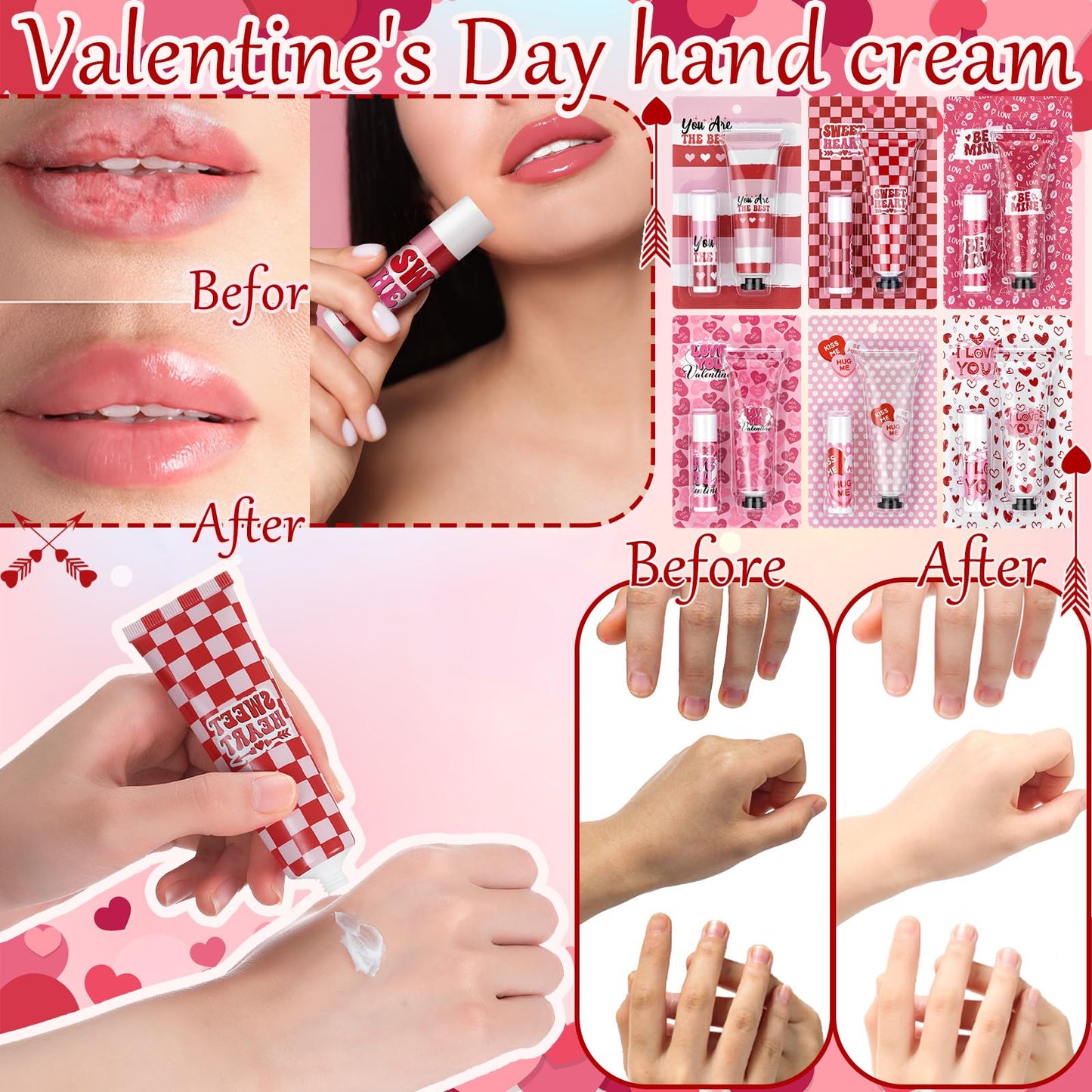 Loopeer 12-Set Valentine Hand Cream & Lip Balm Gifts | Bulk Galentine's Day & Valentine Party Favors