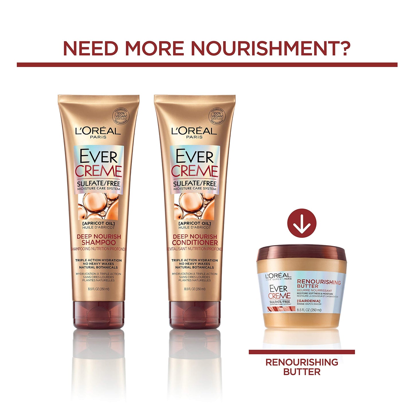 L’Oréal Paris EverCreme Deep Nourish Shampoo – Sulfate Free, Color-Safe, 3 Count