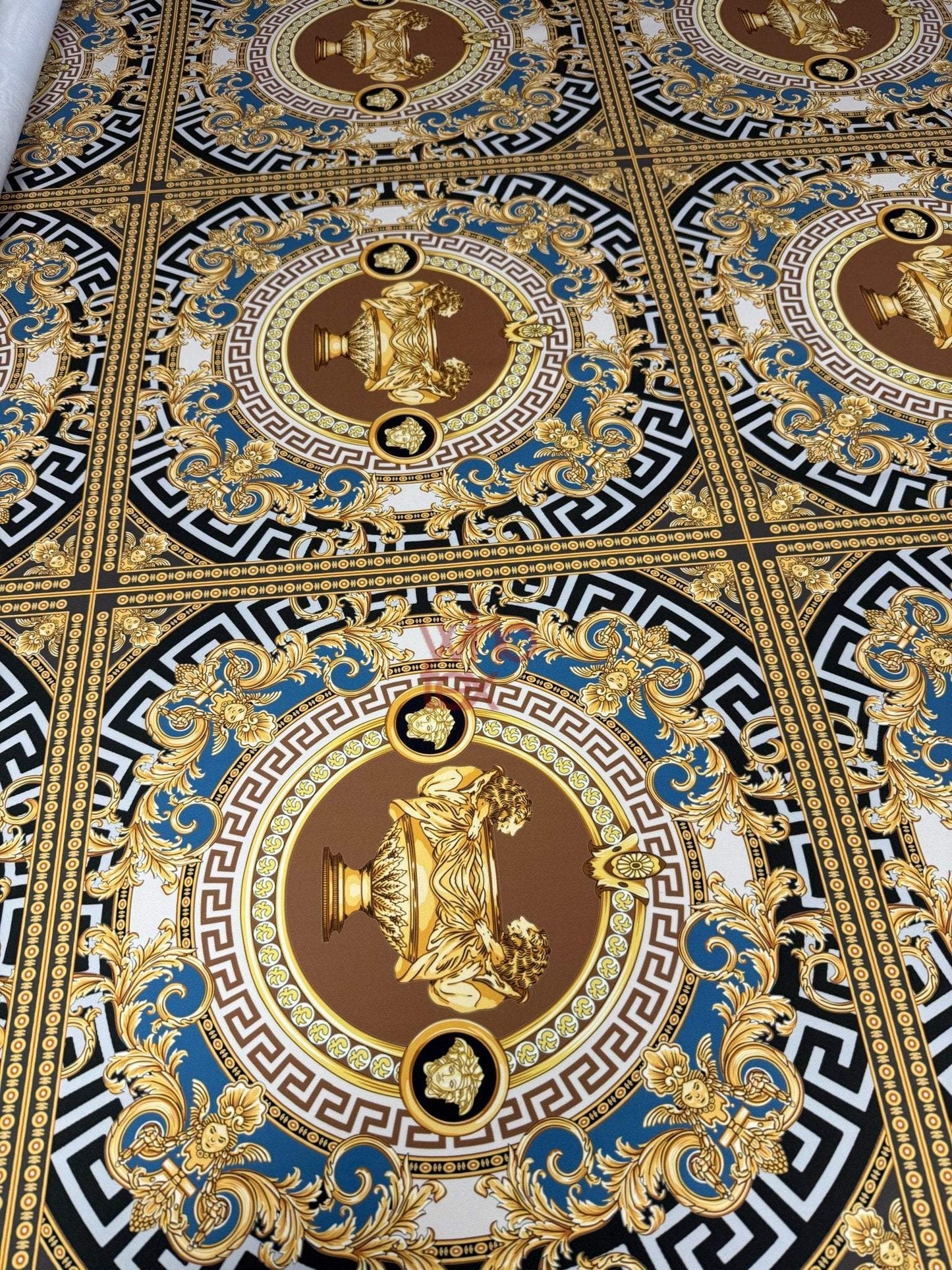 Gold & Blue Ornate Pattern Luxury Baroque Design Fabric by Metre