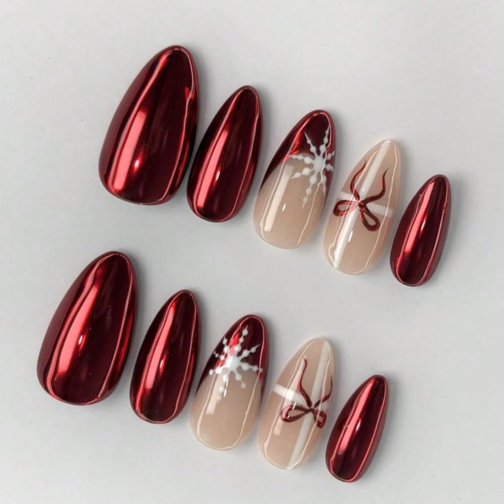 MAGLFELL Christmas Press On Nails – Handmade Almond Medium-Length with 3D Bows (Size S, 10Pcs)