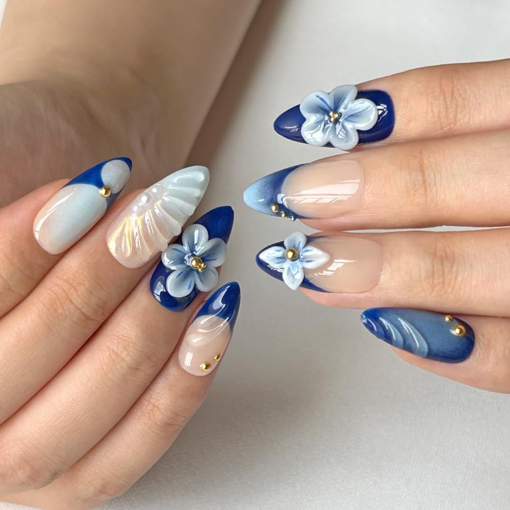MAGLFELL Press On Nails - Luxury Medium Almond 3D Nails | Reusable ABS, Finger-Printed Nail Tips, French Salon Design (Size M)