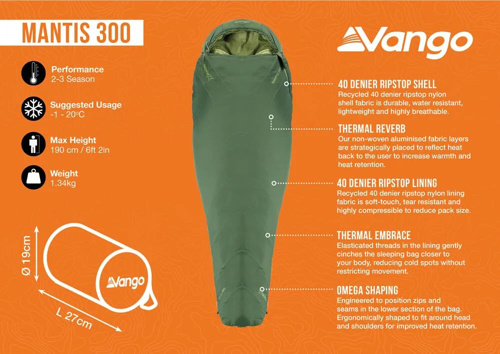 Vango Mantis 300 Lightweight 2-3 Season Sleeping Bag - Pine Green
