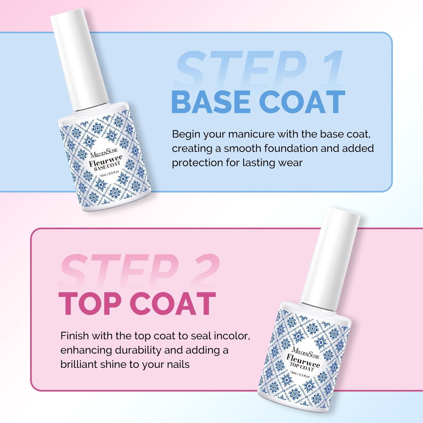 MelodySusie Fleurwee No-Wipe Glossy Top Coat & Base Coat Gel – HEMA-Free, 21-Day Long-Lasting Nail System
