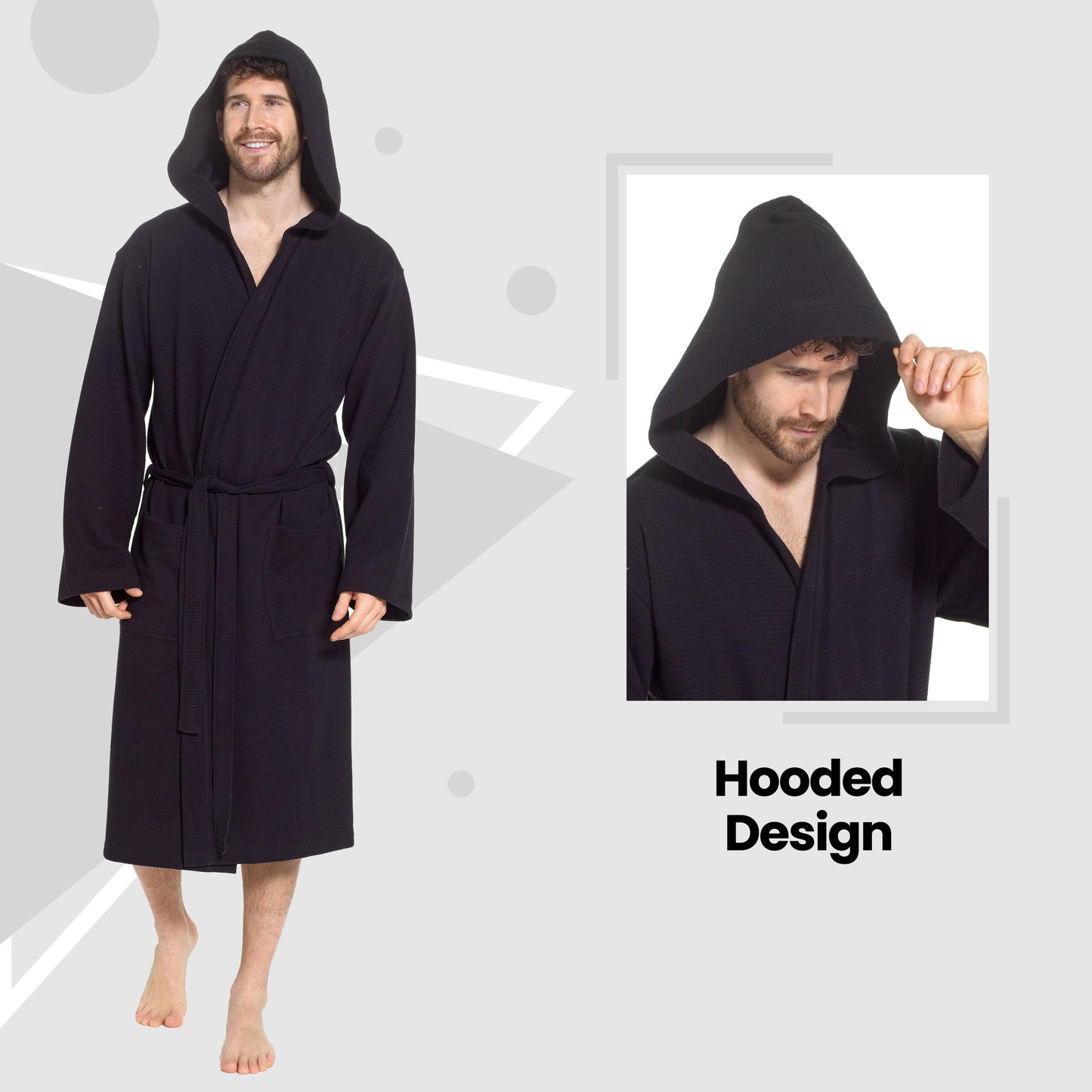 Men’s Hooded Waffle Cotton Bathrobe Black Super Absorbent Spa Robe Luxury Dressing Gown for Home & Loungewear by Sock Stack