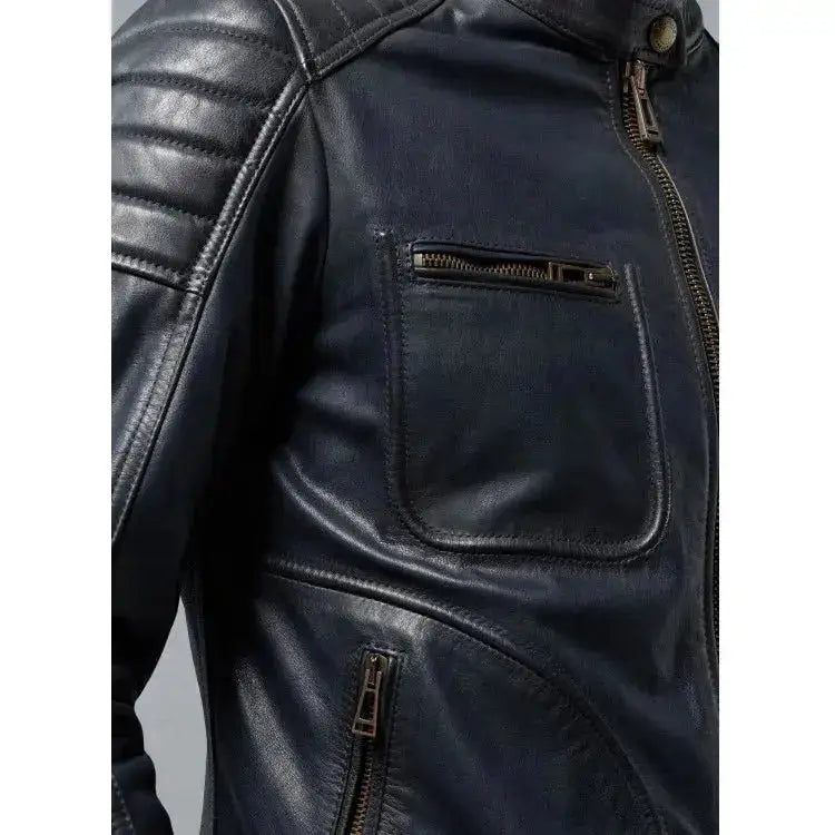 Men's Navy Blue Sheepskin Leather Biker Jacket