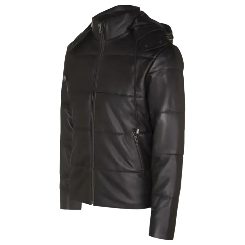 Men’s Distressed Black Leather Hooded Puffer Jacket