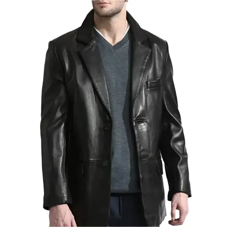 Mens Elegant Black Leather Blazer