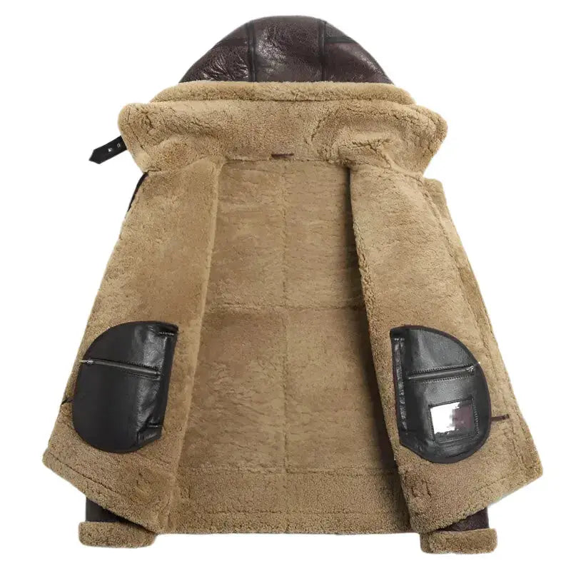 Men’s Hooded Brown Shearling Aviator Jacket – B-3 Sheepskin Coat