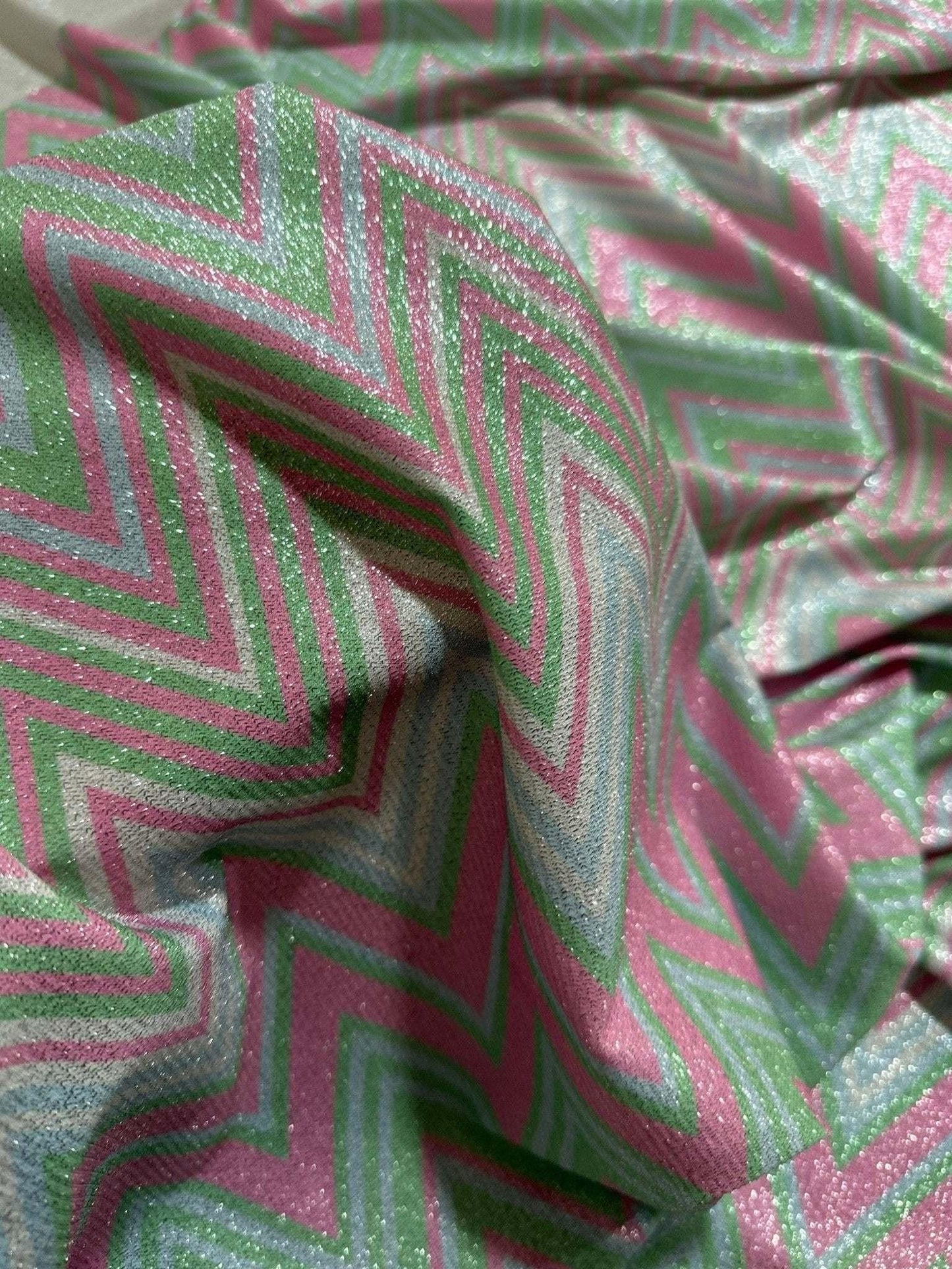 Green and Pink Zigzag Knit Lurex Fabric by the Metre