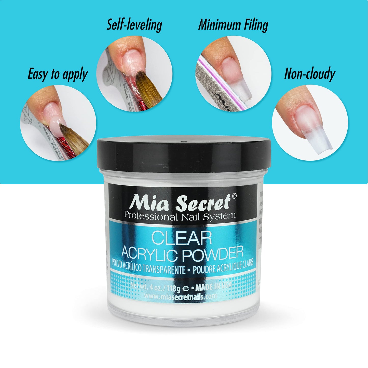 Mia Secret Clear Acrylic Powder 4oz – Self-Leveling, Non-Yellowing Formula for Superior Adhesion