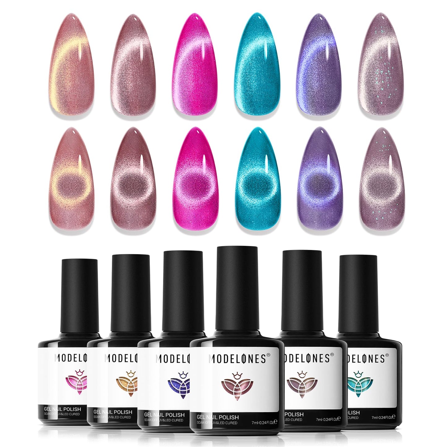 Modelones Cat Eye Gel Nail Polish Set – 6 Color Magnetic Gel Polishes, 7ml, Magnet Included