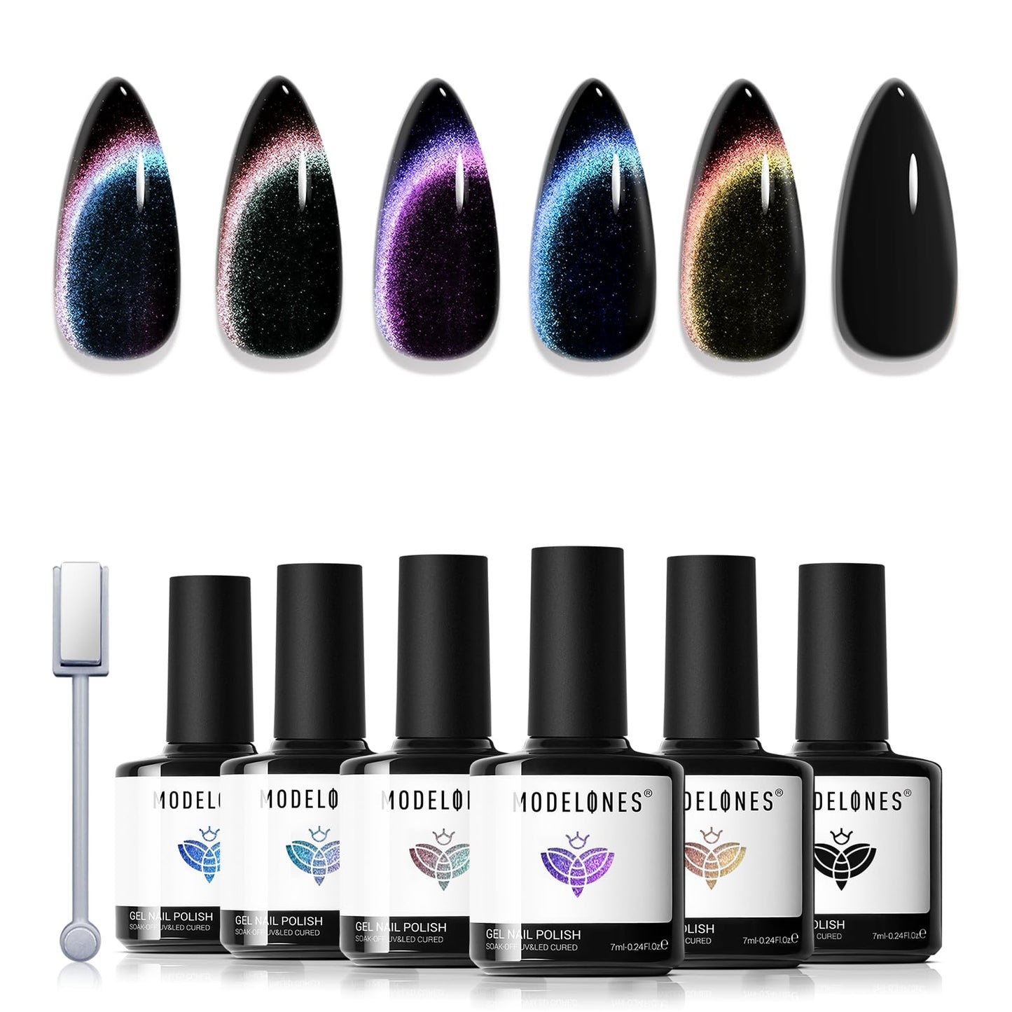 modelones Gel Nail Polish Set 6 Colors – Rainbow Cat Eye Magnetic Gel Polish with Soak-Off LED