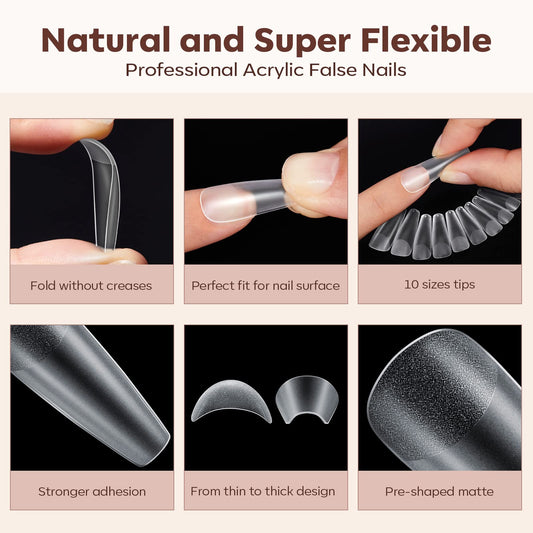 Modelones Long Coffin Nail Tips – 500 Pcs, 10 Sizes, Full Matte, Strong Adhesion for Natural-Looking Extensions