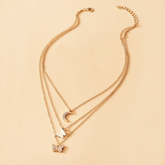 Multi-layer Crystal Butterfly & Moon Pendant Necklace